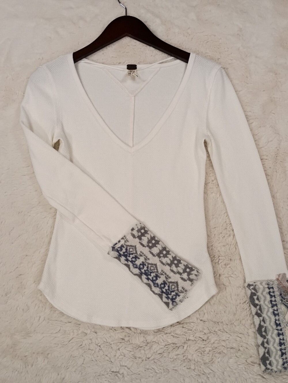 We The Free White V-Neck Long Sleeve Top with Patterned Cuffs